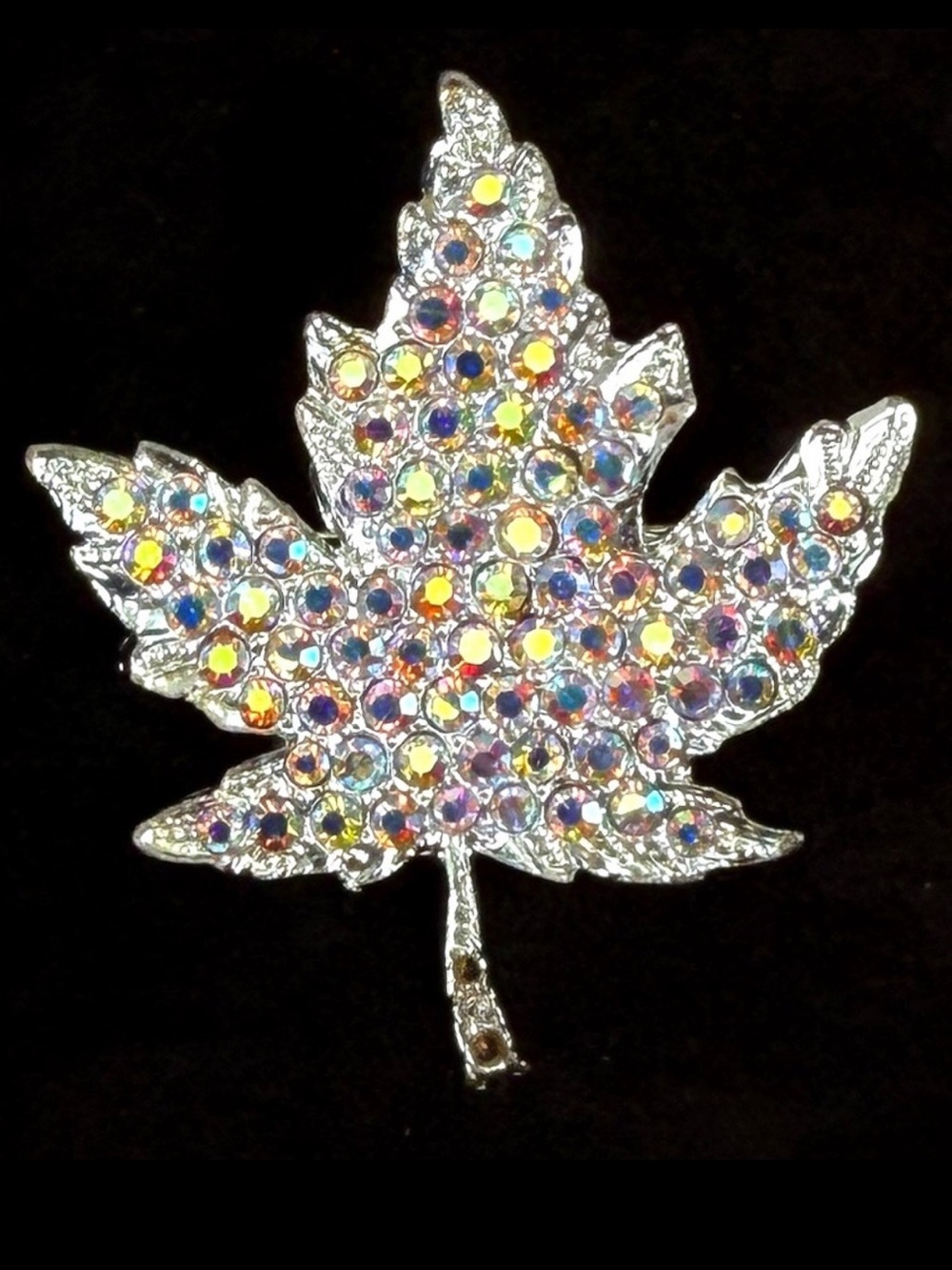 Bright Silvertone iridescent, bling leaf brooch